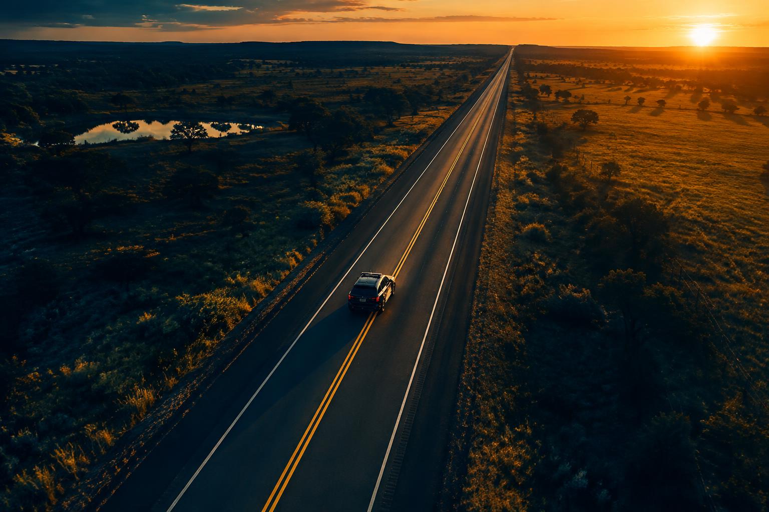 Vista aérea de uma rodovia federal ao pôr do sol