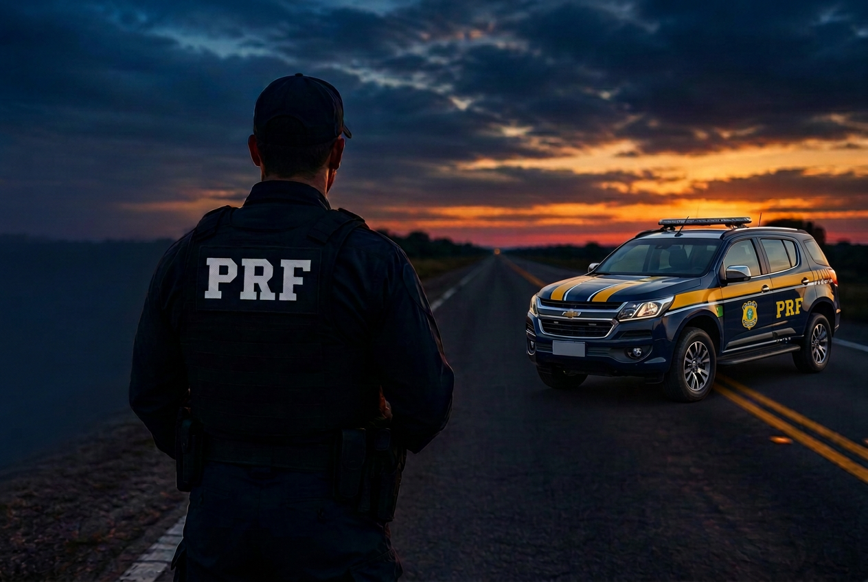 Policial de costas olhando para uma viatura na rodovia ao entardecer